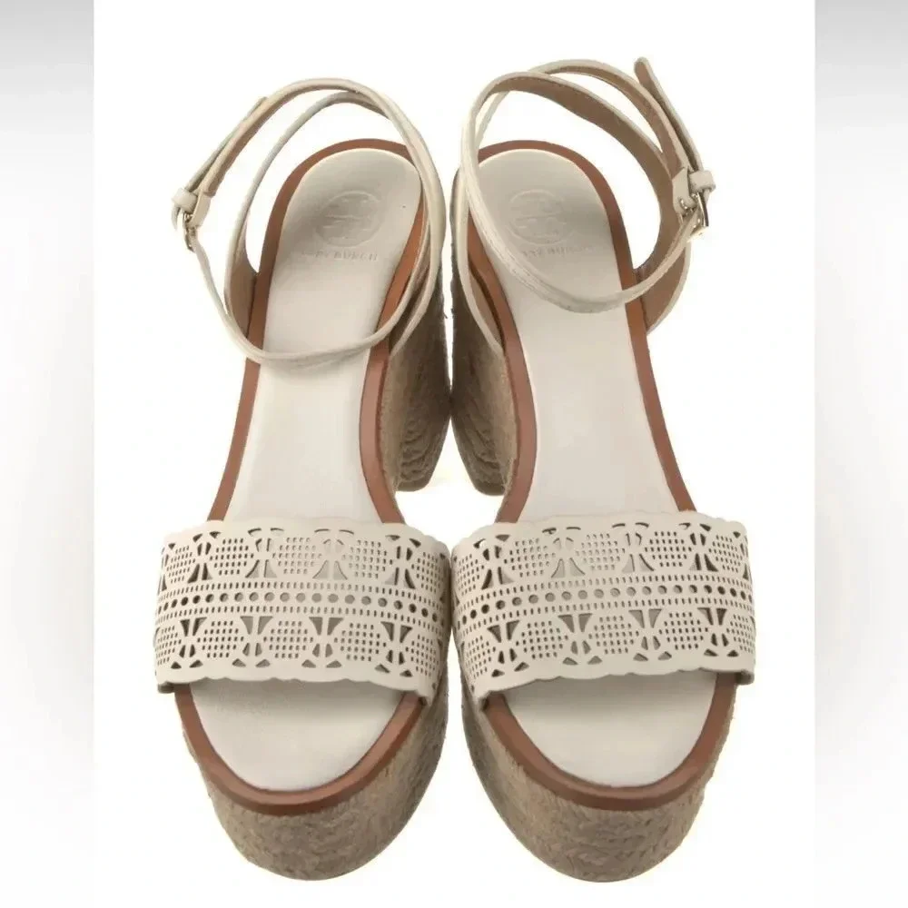 Tory Burch White Roselle Leather Lasercut Accents Platform Women's Espadrilles s